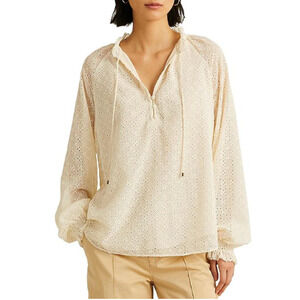 Ralph Lauren Eyelet Georgette Tassel Long Sleeve Shirt Size Medium Winter White